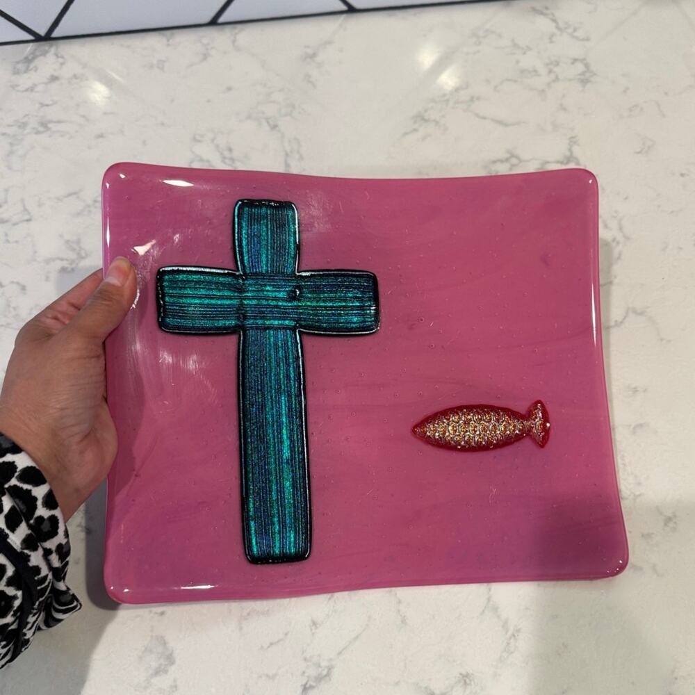 Vintage pink fused glass plate teal-colored cross a red fish symbol handmade 80s